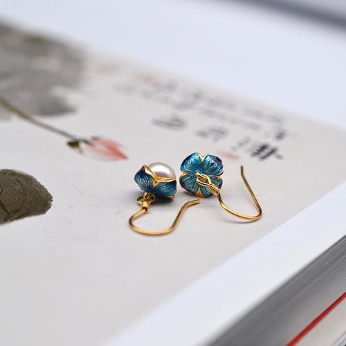 Boucles D'oreilles En Argent Sterling S925, Dorure Feuille De Lotus Avec Perle Cloisonnée, Bleu Brûlé, Classique, Style Chinois Ancien, En Argent Avec B