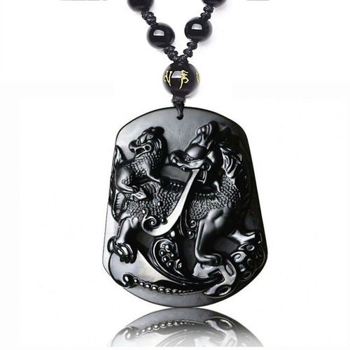 Pendentif En Obsidienne Noire Mère Enfant Dragon Avec Chaîne, Bijoux Pour Hommes Et Femmes