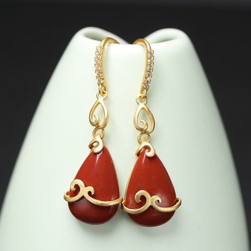 Boucles D'oreilles En Agate Rouge Du Sud, Longues, Goutte D'eau, Rouge, Élégant, Cerceau En Argent Sterling Plaqué Or, Mantra, Ligne À Donner À Maman