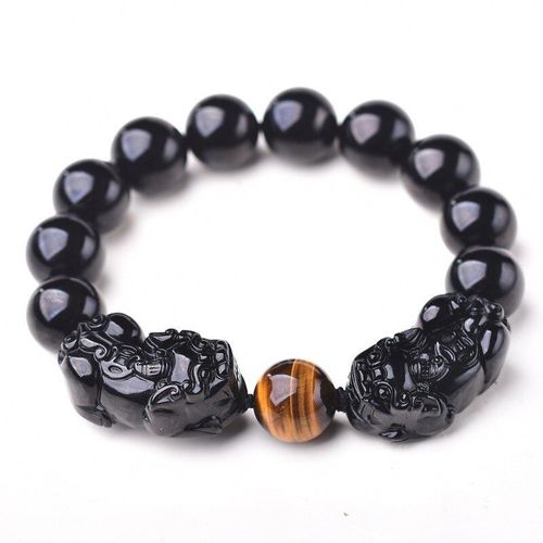 Bracelet Obsidienne Noire Pixiu Double Pixiu Avec Pierre D'oeil De Tigre, Bijoux Pour Hommes Et Femmes, Bracelet Porte-Bonheur