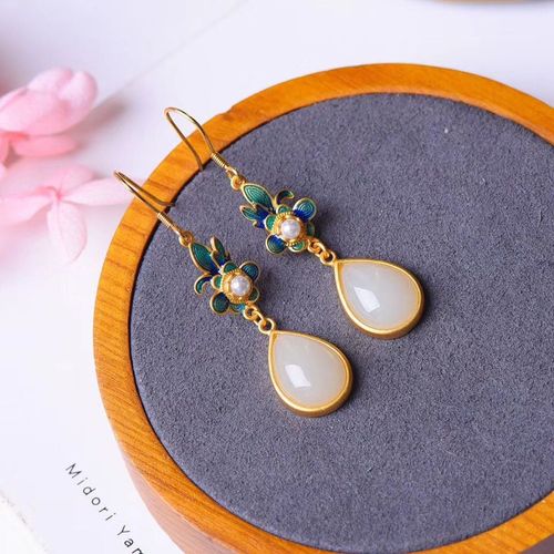 Boucles D'oreilles En Argent Sterling S925, En Émail Et Jade Hétian, Incrusté De Gouttes D'eau, Orné De Perle Naturelle, En Jade Blanc E