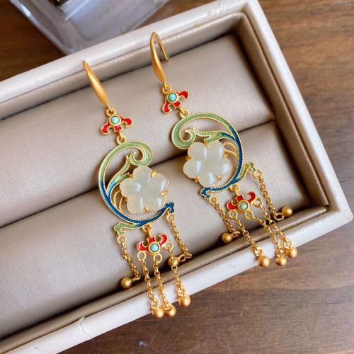 Boucles D'oreilles Hétian En Jade Naturel, Petites Fleurs, Vintage, Bleu, Style Chinois, Longues, En Argent Sterling, Plaqué Or, S925