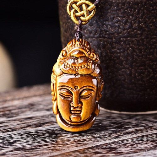 Pendentif Guanyin En Pierre D'oeil De Tigre Pour Hommes Et Femmes, Avec Chaîne, Collier Tête De Bouddha