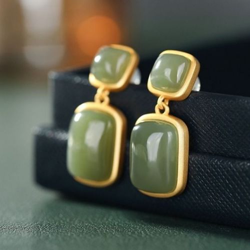 Boucles D'oreilles En Argent Sterling S925 Incrusté De Jade Naturel Hetian Gris, Style Baroque Polyvalent, Boucles D'oreilles De Personnalité Et De Tempérament Fe