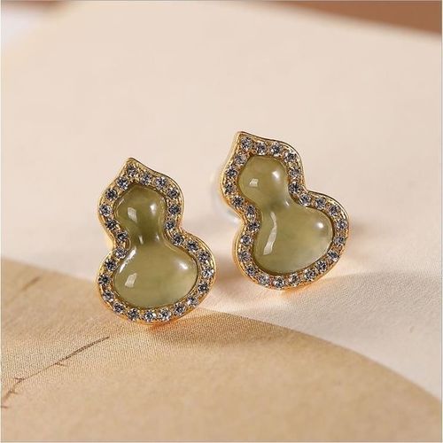Boucles D'oreilles En Jade Gris Fu Lu, En Argent Sterling Plaqué Or, En Diamant Hetian, Style Palais Exquis O