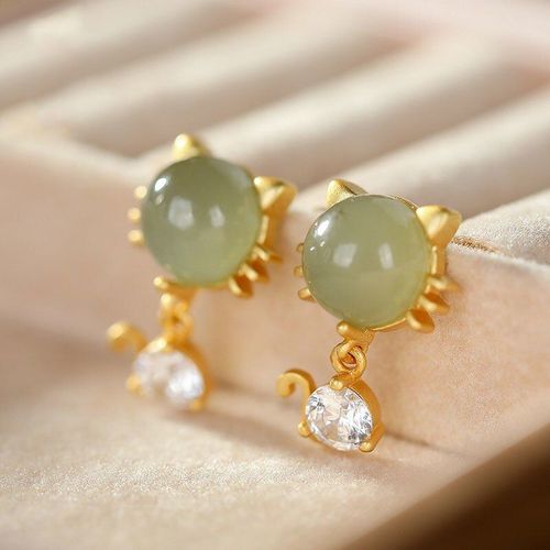 Boucles D'oreilles En Argent Sterling S925 Incrusté De Jade Naturel Hetian Gris, Chat Exquis, Créativité Littéraire, Personnalité Dames
