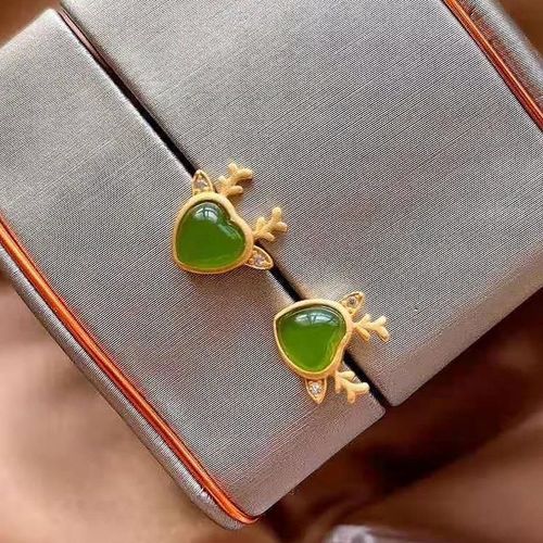 Boucles D'oreilles En Jade Vert Hétian Naturel, En Petits Bois, En Argent Sterling S925, Qui Conserve La Couleur