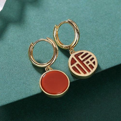 Boucles D'oreilles En Argent Sterling S925 Plaqué Or, Naturel Agate Rouge Du Sud, Antique Chinois Classique Porte-Bonheur Style Dames