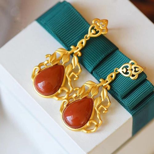 Boucles D'oreilles En Agate Rouge Du Sud, En Argent Sterling S925 Plaqué Or, Style Palais De Luxe, Boucles D'oreilles De Déesse