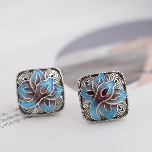 Boucles D'oreilles Carrées En Argent S925, Accessoires En Forme De Lotus, Clous D'oreille En Bleu Brûlé, Creux, Cloisonné, Vintage, Élégant, Cadeau Pour Dames