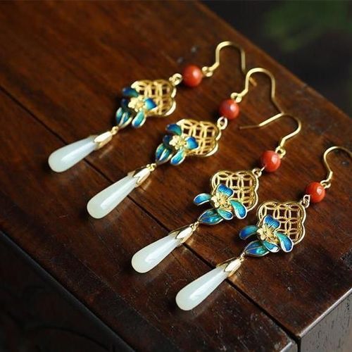 Boucles D'oreilles En Jade Antique, Longues Et Élégantes, Classiques, Hanfu, Cheongsam, Accessoires Magnolia, Argent Sterling 925, Bleu