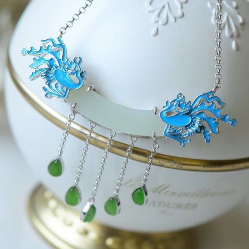 Collier En Argent Sterling Incrusté De Jaspe Et De Phénix Bleu Brûlé, Design Original Et Frais, Surface En Forme De Goutte D'eau