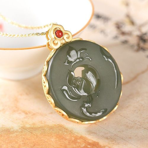 Pendentif Lotus En Jade Gris Hétian Naturel, Plaque Ronde Incrustée De Dorure En Argent Sterling S925, Lotus Sculpté, Ornement Fin