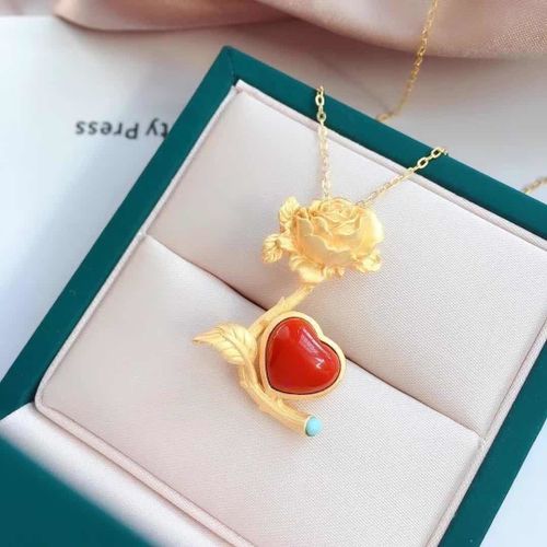 Pendentif En Argent Sterling S925 Incrusté De Dorure, Rose D'amour Rouge Du Sud Naturel, Cadeau D'anniversaire Pour Petite Amie Et Mère