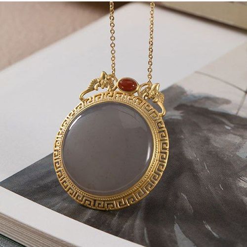 Pendentif Porte-Bonheur Rond En Argent Sterling S925, Nouveau, Naturel, Hetian, Gris, Jade Incrusté, Style Ancien, Or Épais, Crochet Embelli Rouge Du Sud