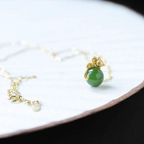 Collier Porte-Bonheur En Argent Sterling 925, Perles Naturelles Hetian Jade Vert, Pendentif Rat Doré, Cadeau D'anniversaire