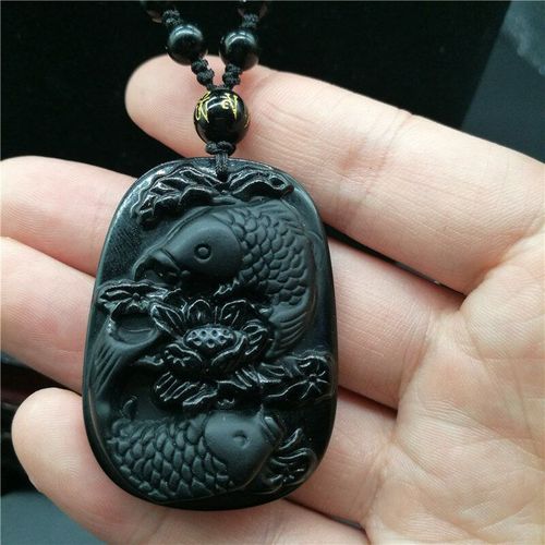 Pendentif En Obsidienne Noire, Sculpture Fine, Deux Poissons Et Lotus, Bijoux Pour Hommes, Livraison Directe