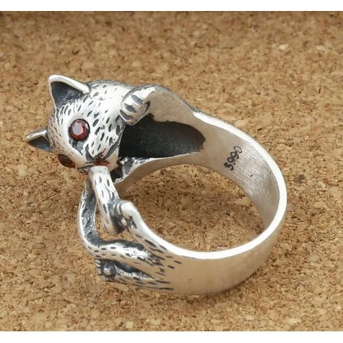 Bague En Argent S990 Rétro Thaïlandais, Cadeau Créatif Pour Dame, ¿Il De Chat Rouge Mignon Ouvert