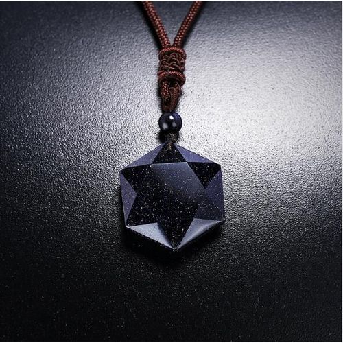 Collier Avec Pendentif Six Étoiles, Pierre Naturelle, Sable Bleu, Pour Femmes Et Hommes, Collier Pull Hexagonal Cubique