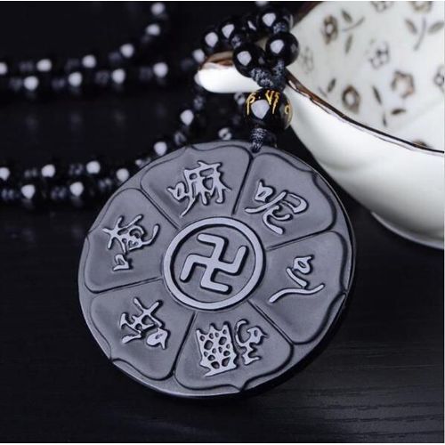 Pendentif Mantra En Obsidienne Noire Naturelle, Sculpture Feng Shui En Six Mots, Bijoux De Bouddha Pour Hommes Et Femmes