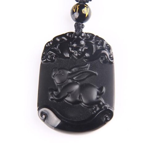 Pendentif En Obsidienne Noire Naturelle Sculptée De Lapin Du Zodiaque Chinois, Collier En Perle, Amulette Porte-Bonheur, Bijoux Pour Hommes Et Femmes