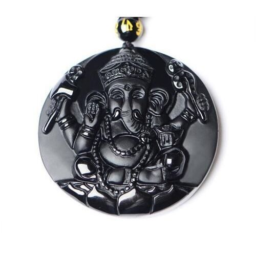 Pendentif Éléphant Obsidienne Ganesh Noir Naturel, Amulette Pour Hommes Et Femmes, Bijoux Porte-Bonheur + Collier De Perles Gratuites, Nouvelle Mode