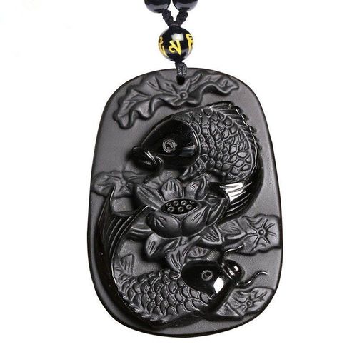 Pendentif En Obsidienne Noire, Sculpture Fine, Deux Poissons Et Lotus, Collier En Obsidienne Noire, Bijoux Pour Hommes, Cadeau De Guérison, Reiki, Énergie, Livraison Directe