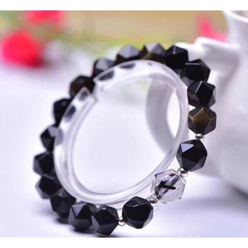Bracelet En Obsidienne Avec Visage En Diamant, En Or Naturel, Simple Cercle, Avec Cheveux Noirs, Perles De Cristal, Yeux Dorés Brillants