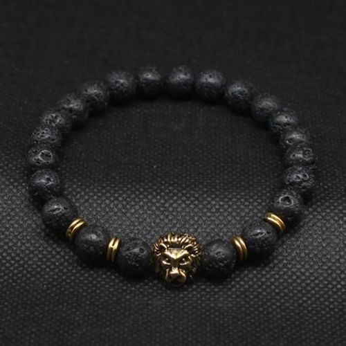 Bracelet Tête De Lion Bouddha Plaqué Or Ou Argent Avec Pierre De Lave Noire
