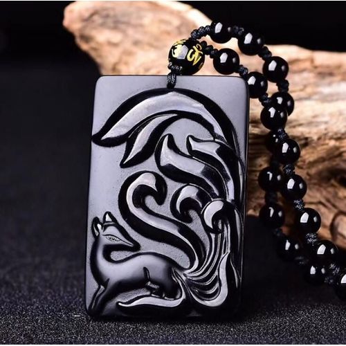 Pendentif En Obsidienne Noire Naturelle, Collier Amulette Porte-Bonheur Avec Renard À Neuf Queues, Bijoux En Cristal Sculpté À La Main, Livraison Directe