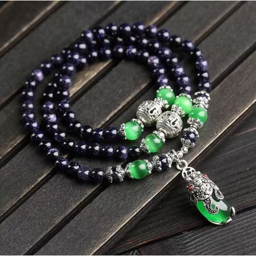 Bracelet Exquis En Pierre De Sable Bleu Ciel Étoilé À La Mode, Assorti Au Pendentif Pi Xiu Oeil De Chat Vert, Bracelet D'amoureux