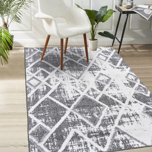 Tapis Longs Poils Shaggy 160x230 Rectangle Tissé Gris Et Blanc