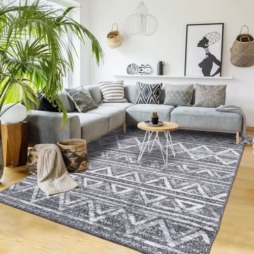 Tapis Longs Poils Shaggy 120x170 Rectangle Tissé Gris Et Blanc Motif Berbère