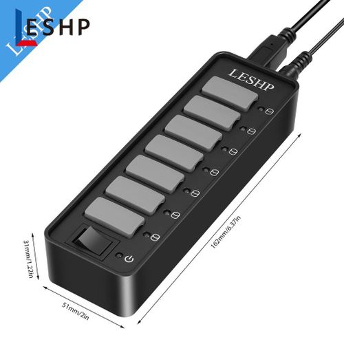LESHP 7 Ports USB 3.0 Moyeu Haute Vitesse 5gbps USB 3.0 Données Répartiteur de Concentrateur avec Led et Interrupteur Adaptateur D'alimentation Externe pour PC Portable