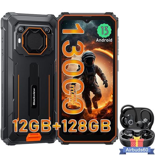 Blackview BV6200 Pro Téléphone Portable Incassable 6,56"" 13000mAh 12Go+128Go Orange avec Écouteurs Bluetooth Airbuds 60(Noir)