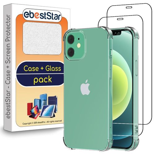 Ebeststar - Coque + X2 Film Verre Pour Iphone 12 Mini Etui Housse Silicone Slim Coins Rebords Renforcés, Antichoc, Transparent [Dimensions Precises Smartphone : 131.5 X 64.2 X 7.4 Mm, Écran 5.4''] [Nb: Lire Description]