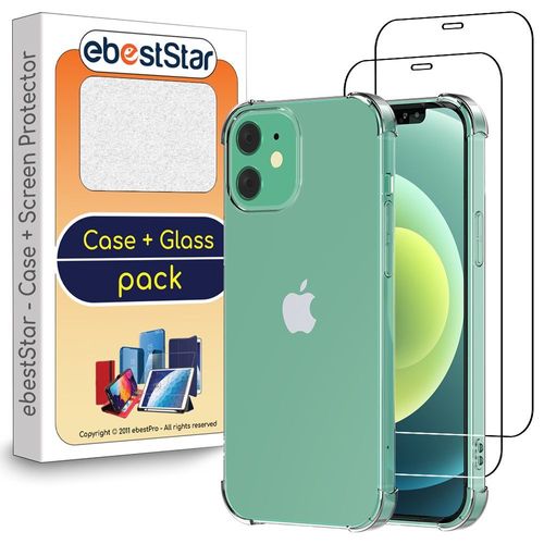 Ebeststar - Coque + X2 Film Verre Pour Iphone 12, 12 Pro Etui Housse Silicone Slim Coins Rebords Renforcés, Antichoc, Transparent [Dimensions Precises Smartphone : 146.7 X 71.5 X 7.4 Mm, Écran 6.1''] [Nb: Lire Description]