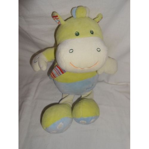 Doudou Babysun Hippopotame Vache Baby Sun Vert Bleu Echarpe Foulard Bandana Raye Rouge Jaune Orange Blanc 35cm