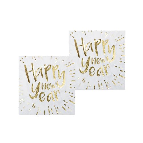 12 Serviettes En Papier Happy New Year Blanches Et Dorées 33 X 33 Cm