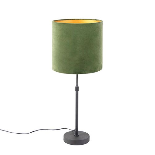 Qazqa Rustique Lampe De Table / Lampe Á Poser / Luminaire / Lumiere / Éclairage Noir Avec Abat-Jour En Velours Vert Avec Or / Dorée / D'or 25 Cm - Parte Acier /Tissu Vert,Noir Cylindre...
