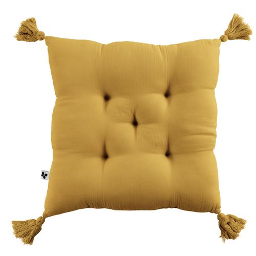 Coussin De Chaise 40x40 Cm Gaze De Coton Gaïa Avec Pompons Safran
