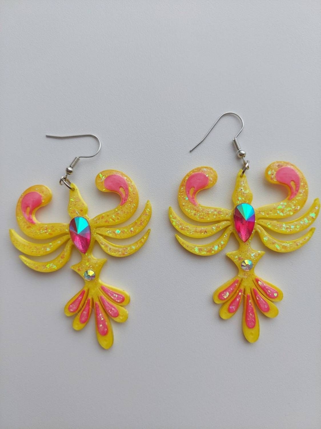 Boucles D'oreilles Jaune Et Rose Paillettes Phénix