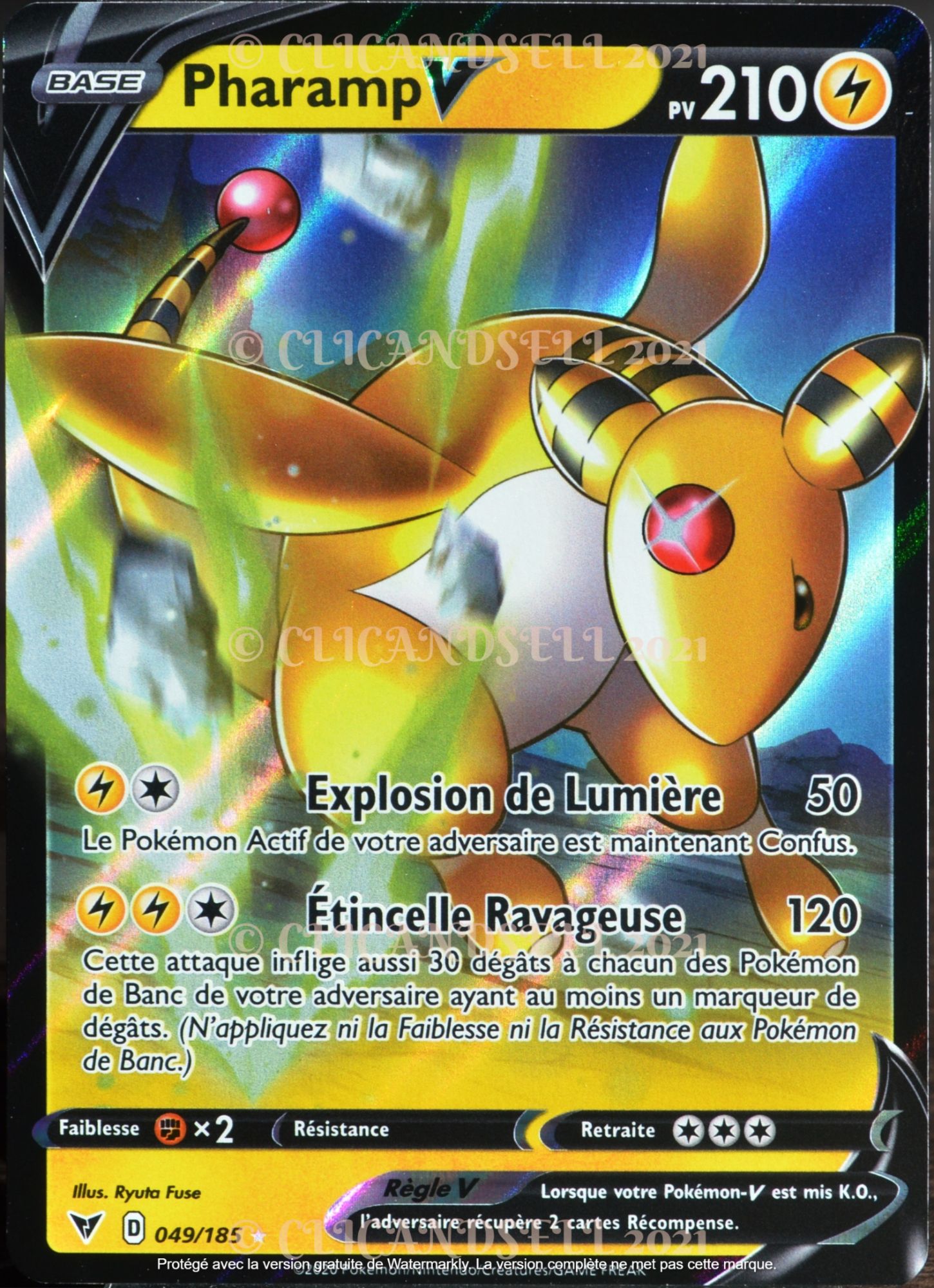 Carte Pokémon 049/185 Pharamp-V ? 210 Pv Eb04 - Épée Et Bouclier  Voltage Éclatant Neuf Fr