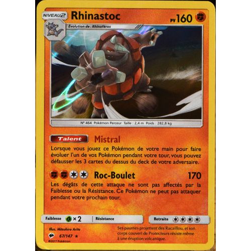 Carte Pokémon 67/147 Rhinastoc 160 Pv - Holo Sl3 - Soleil Et Lune - Ombres Ardentes Neuf Fr