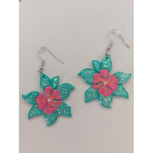 Boucles D'oreilles Fleurs Turquoise Et Rose
