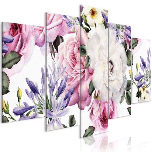Tableau Fleurs Rose Composition (5 Parts) Wide Colourful 100 x 50 cm