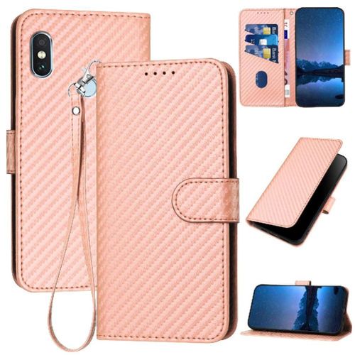 Tongez Étui Pour Xiaomi Redmi Note 5 Pro Cuir Premium Avec Sangle Détachable Avec Fente Pour Carte Et Béquille Surface De Fibre De Carbone - Couleur Rose