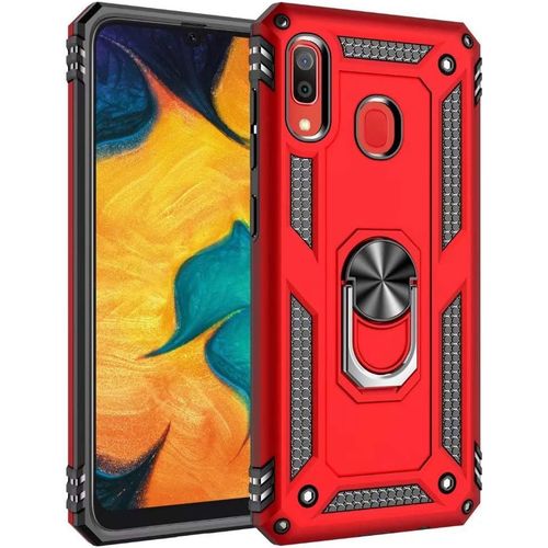Coque Samsung Galaxy A20 Avec Aimant Anneau Support, 360° Double Couche Renforcée Défense Bumper Antichoc Armure Housse Etui Avec Protection Écran Pour Samsung Galaxy A20, Rouge