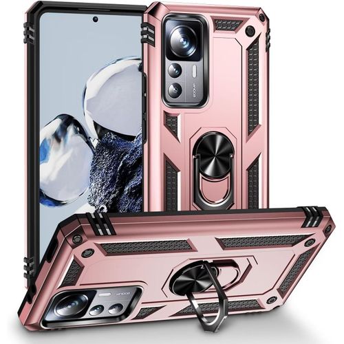 Compatible Avec Coque Xiaomi 12t Avec Aimant Anneau Support, 360°Double Couche Renforcée Défense Bumper Antichoc Armure Housse Etui Avec Protection Écran-Or Rose
