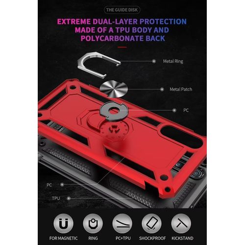 Compatible Avec Coque Samsung Galaxy A70s Avec Aimant Anneau Support, 360°Double Couche Renforcée Défense Bumper Antichoc Armure Housse Etui Avec Protection Écran-Rouge
